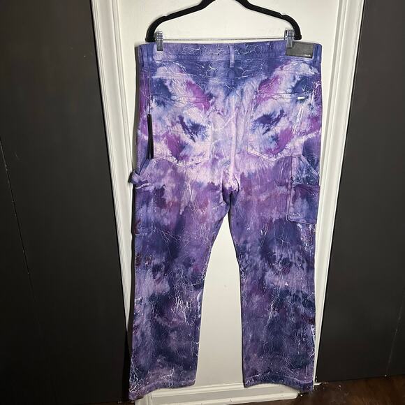 NEW Amiri Men's Cracked Tie Dye Carpenter Purple White Flare Wide Jeans Size 38 - Picture 8 of 16
